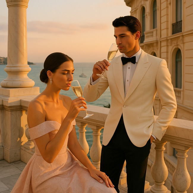 Couple haute couture sur terrasse Riviera au coucher de soleil