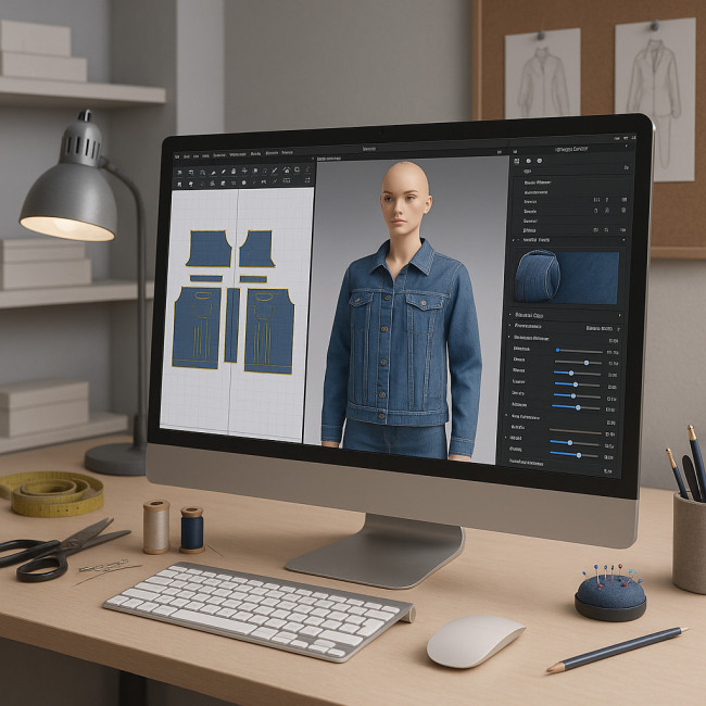 Mannequin virtuel en veste bleue dans l'interface Clo3D