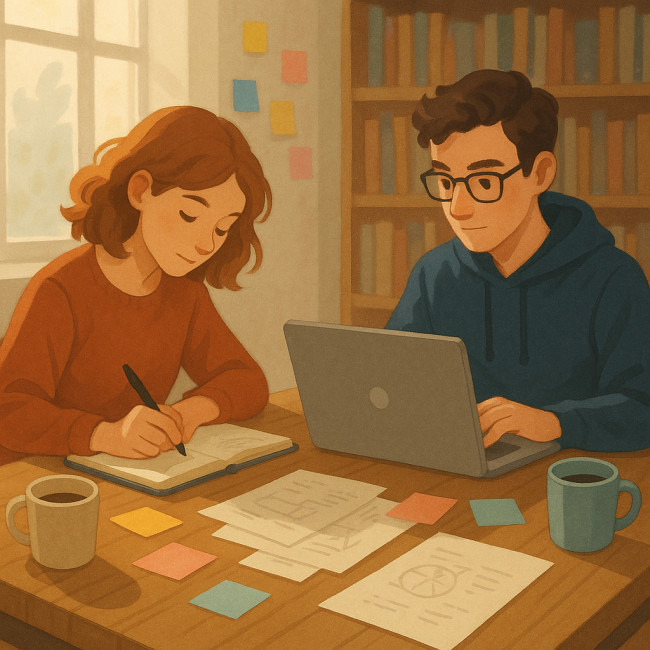 Deux auteurs collaborant sur un manuscrit