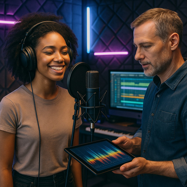 Coach vocal corrige une chanteuse dans un studio futuriste