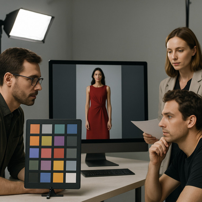 Photographes contrôlant la cohérence couleur d'une robe en studio