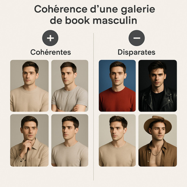 Infographie cohérence de galerie pour book modèle homme