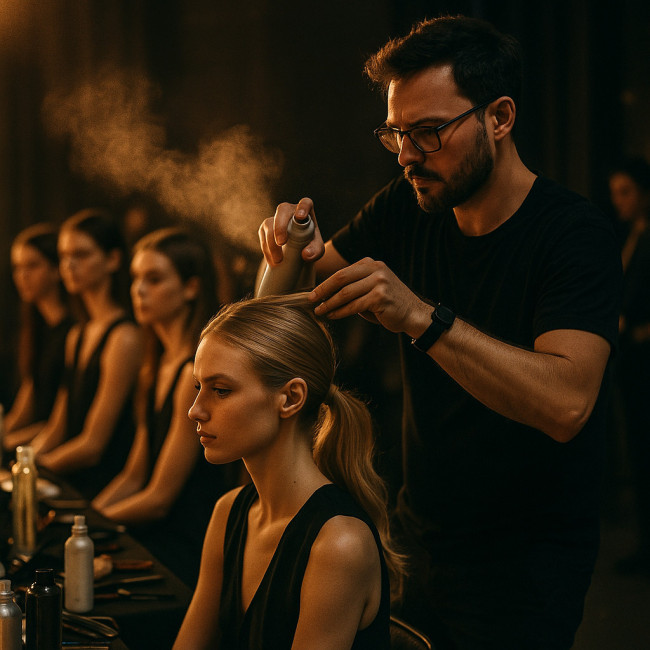 coiffeur en action dans les coulisses d'un défilé