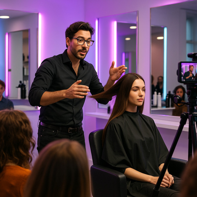 Coiffeur en démonstration live devant un public