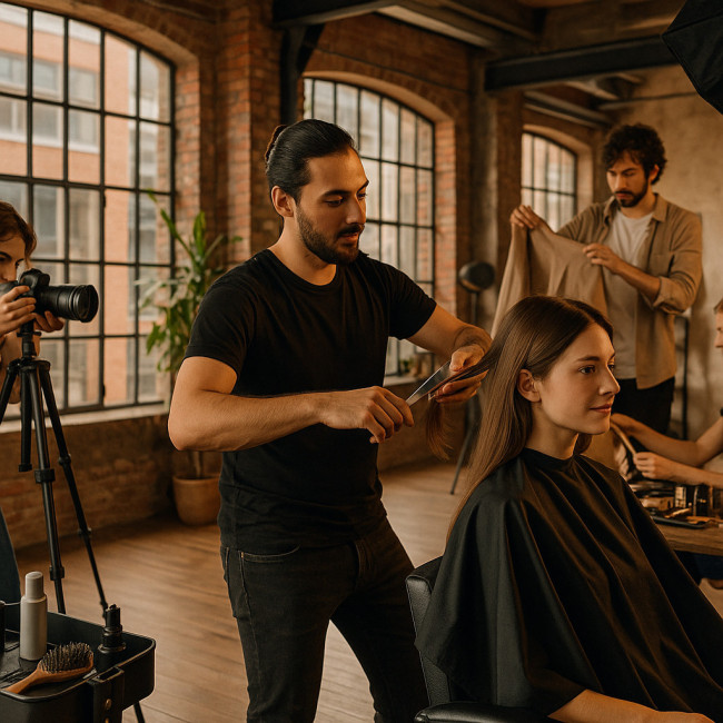 Coiffeur freelance à Lyon lors d'un shooting dans un loft de Confluence