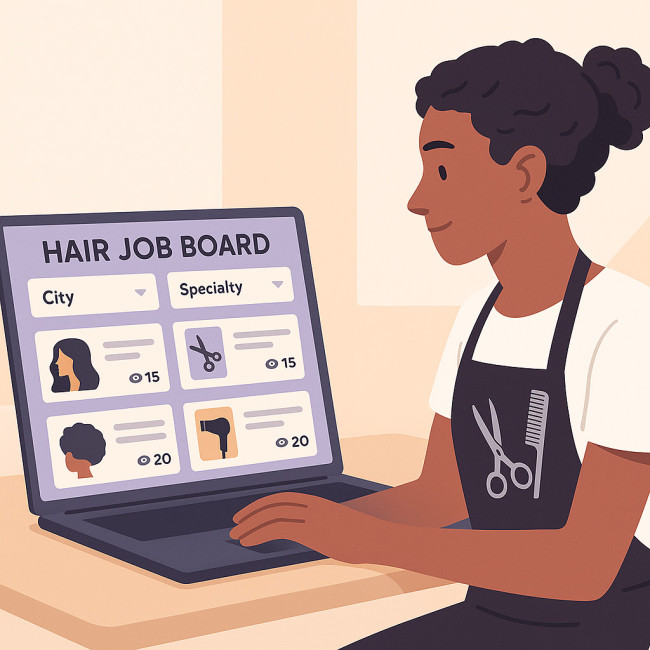 Interface de job board coiffure sur écran d'ordinateur