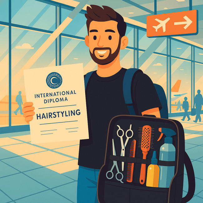 Illustration d'un coiffeur nomade brandissant sa certification internationale