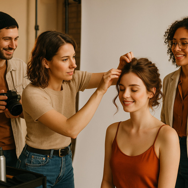 Collaboration entre coiffeuse et photographe pendant un shooting