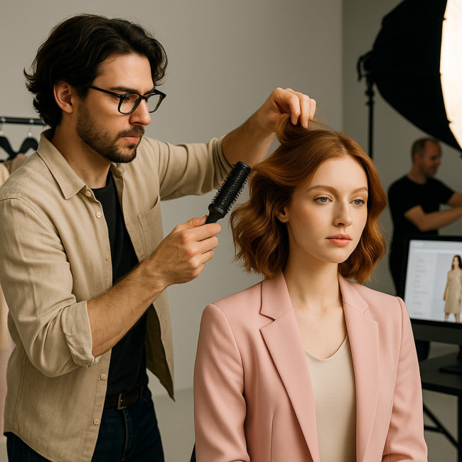 Coiffeur freelance stylisant un mannequin lors d'un shooting mêlant mode éditoriale et e-commerce