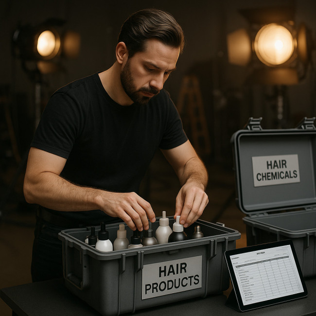 coiffeur classe ses produits chimiques sur un plateau de tournage
