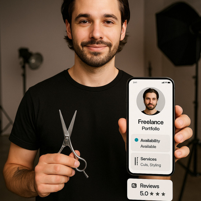 Coiffeur présentant son portfolio interactif sur smartphone
