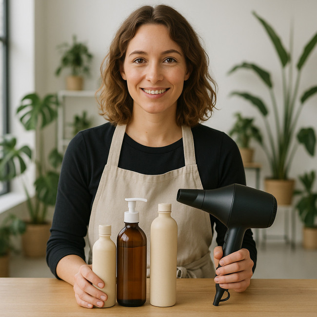 Coiffeuse green présentant son matériel éco-responsable