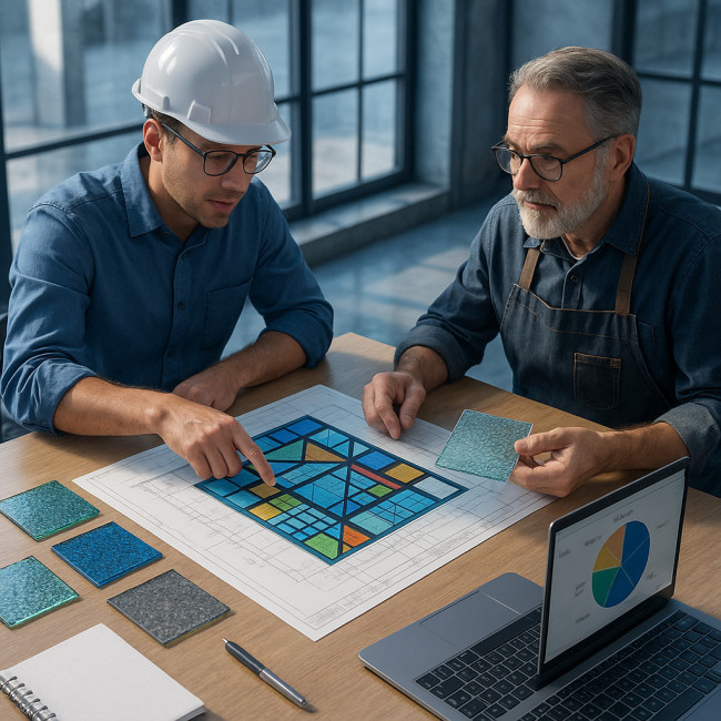 Architecte et verrier échangeant un brief technique