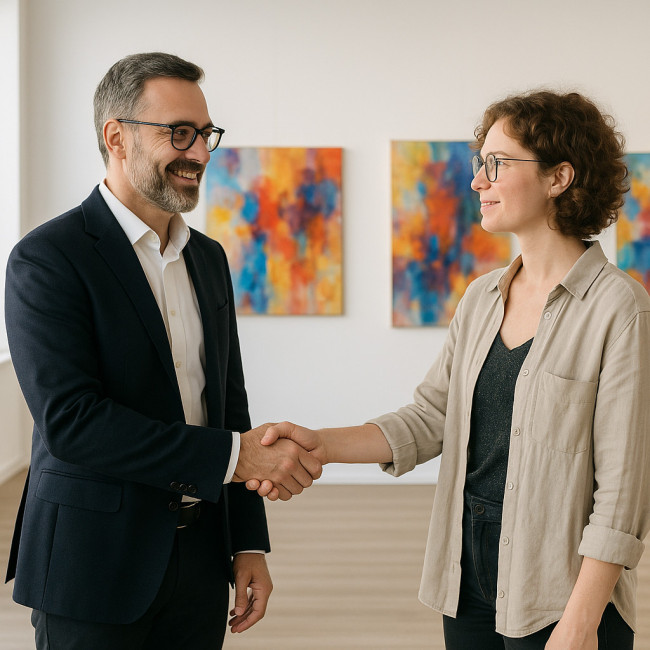 Galeriste et artiste scellant un accord équitable
