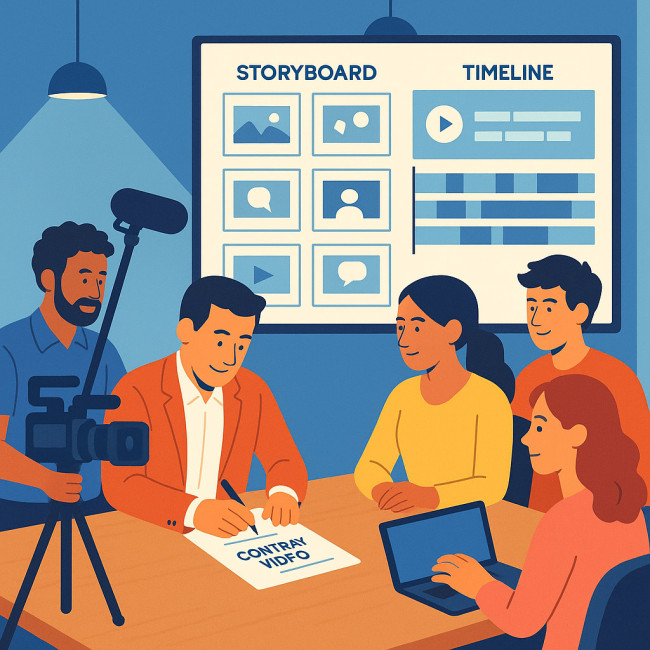 Illustration d'une équipe vidéo signant un contrat et planifiant la post-production