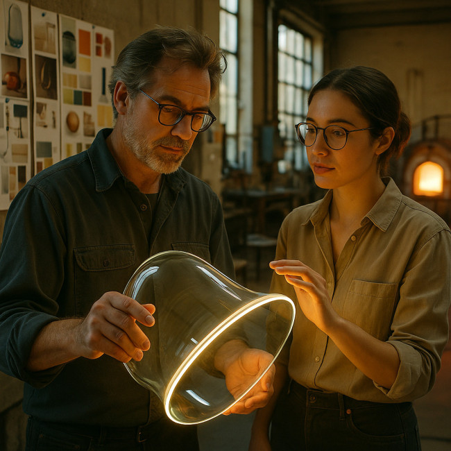 Maître verrier et designer analysant un prototype lumineux en verre