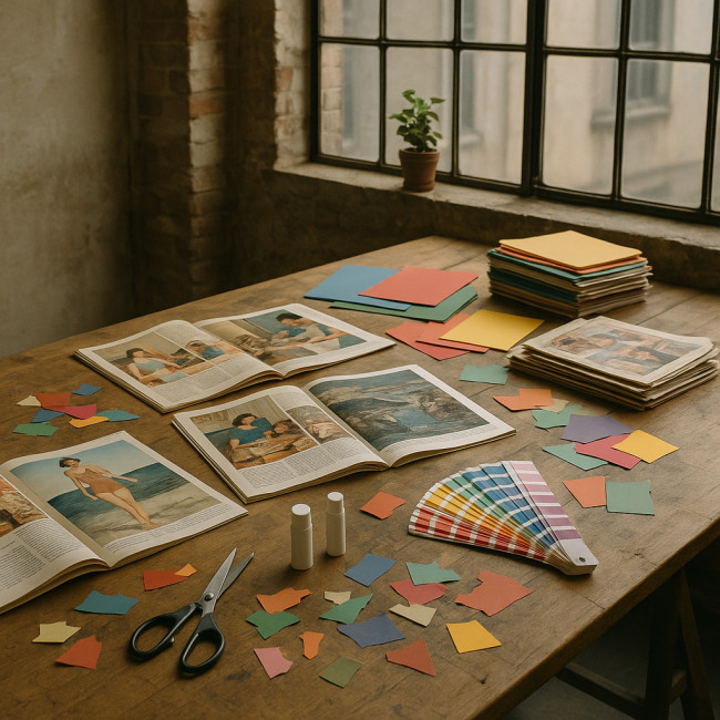 Atelier de collagiste rempli de magazines et matériel