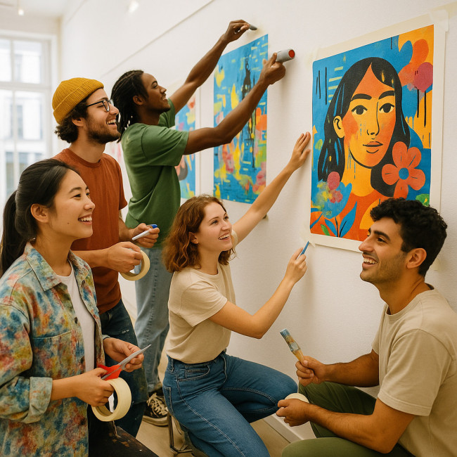 groupe d'artistes préparant une exposition de collages