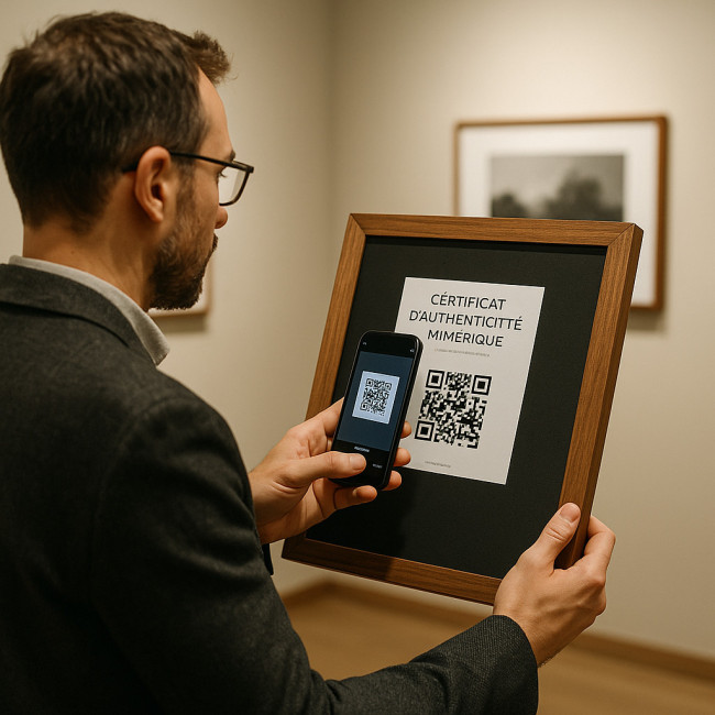 Collectionneur scannant le QR code d'une œuvre