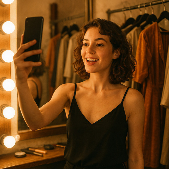 Comédienne parisienne réalisant un teaser vidéo dans sa loge