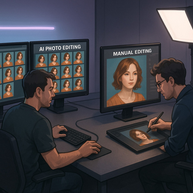 Illustration comparatif coût temps IA vs retouche humaine