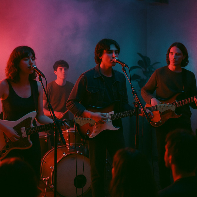 groupe indie pop sur scène dans un club néon
