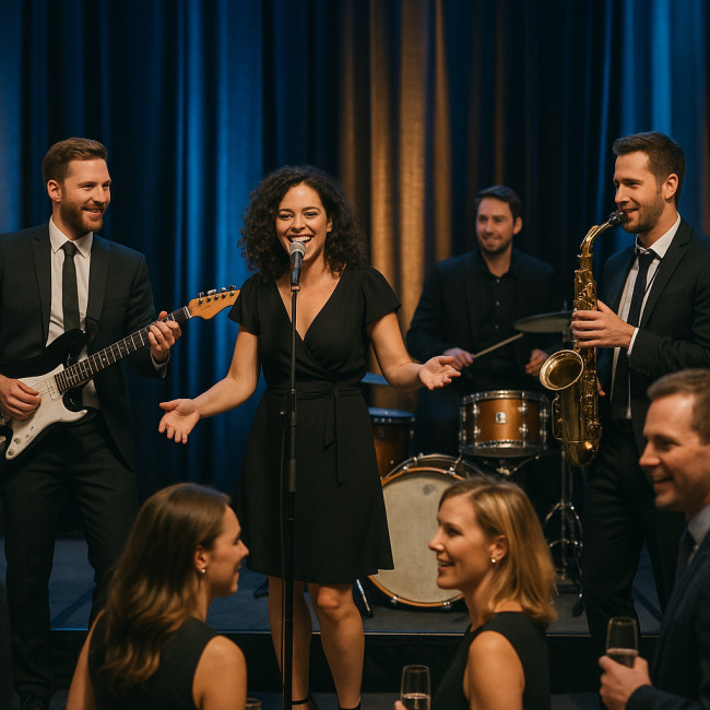 Groupe de musiciens sur scène lors d'un concert corporate