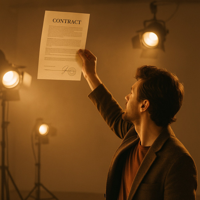 Acteur brandissant un contrat signé en toute confiance