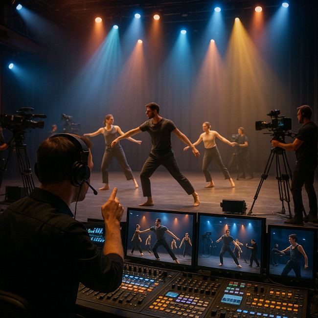 Equipe technique filmant un ballet contemporain en direct
