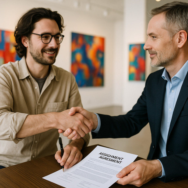 artiste signant contrat de cession en galerie d'art