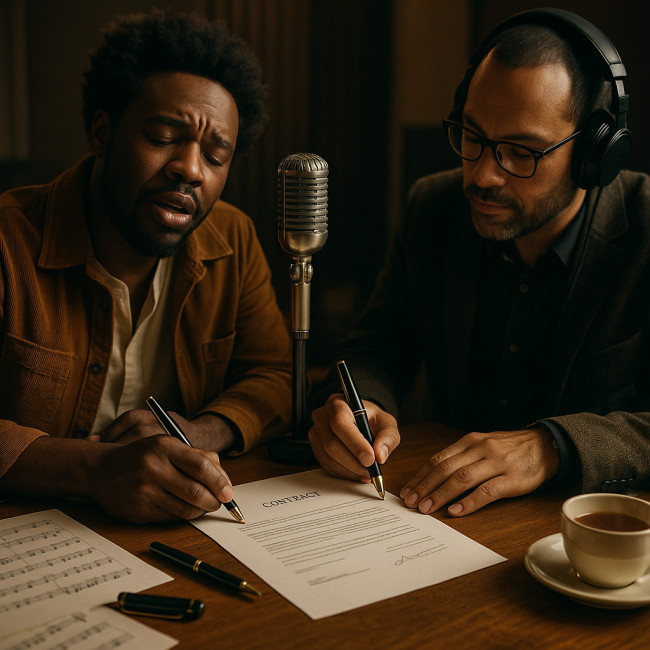 Signature d'un contrat entre un chanteur soul et un producteur