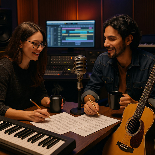 Deux auteurs-compositeurs collaborent dans un studio de musique.