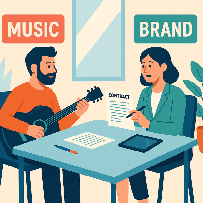 Artiste et responsable de marque en pleine négociation de contrat d'endorsement