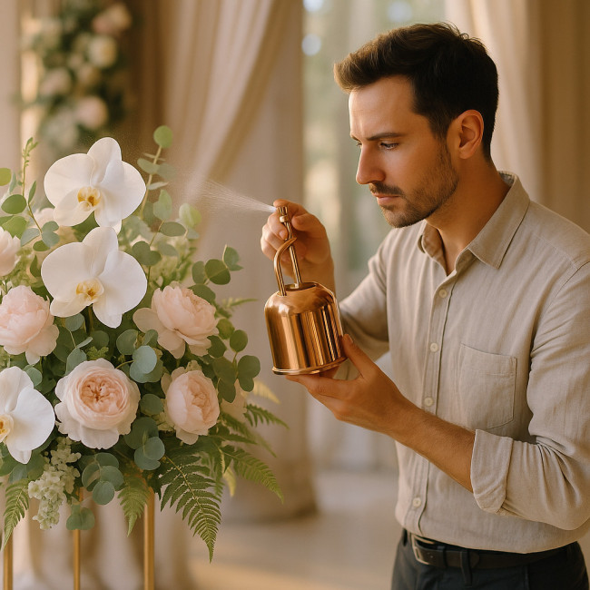 Fleuriste entretenant une composition florale après un événement