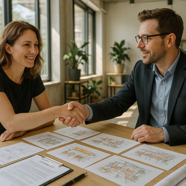 Négociation d'un contrat événementiel entre créatif et client