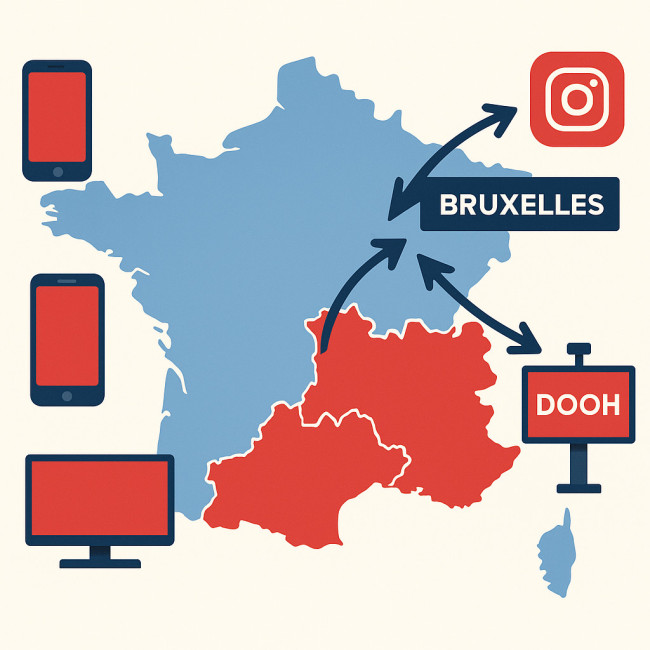 Carte de la France, région Rhône-Alpes et flèches vers Bruxelles