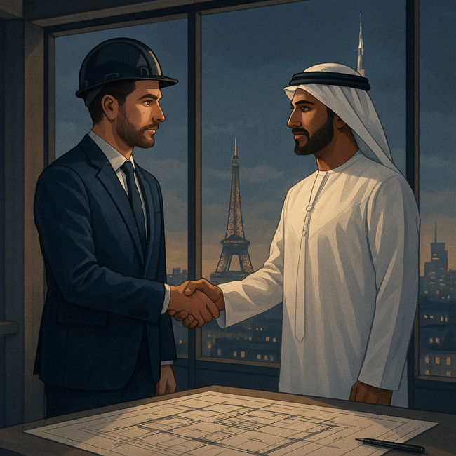 Architecte français et client émirati se serrant la main sur un contrat