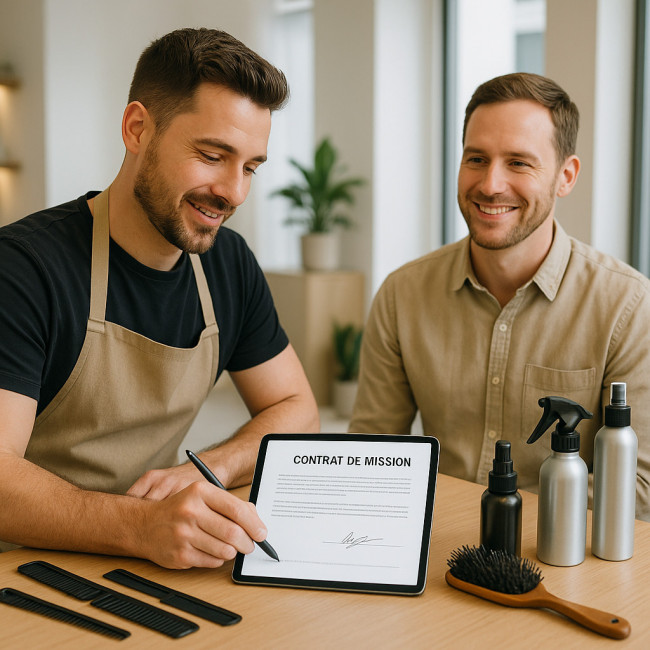 coiffeur indépendant signant un contrat sur tablette