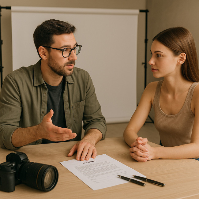 photographe et modèle signent un contrat test avant le shooting