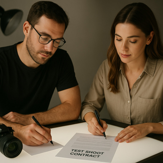 Photographe et maquilleuse signant un contrat de test shoot