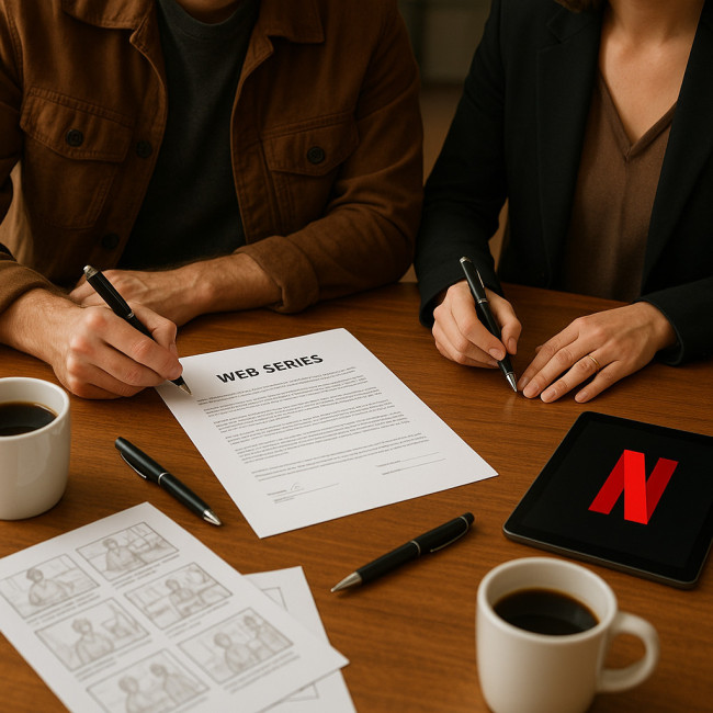 Acteur et productrice signant un contrat de web-série