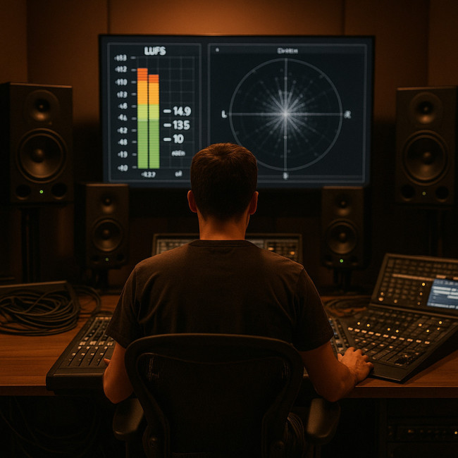 Ingénieur son vérifiant loudness et phase dans un studio de mixage