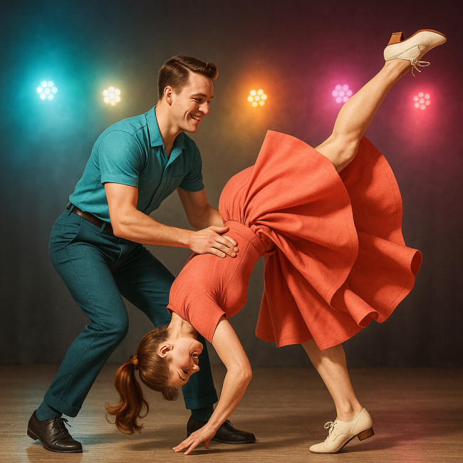 Danseurs rock'n'roll en costumes néo-vintage pendant une acrobatie