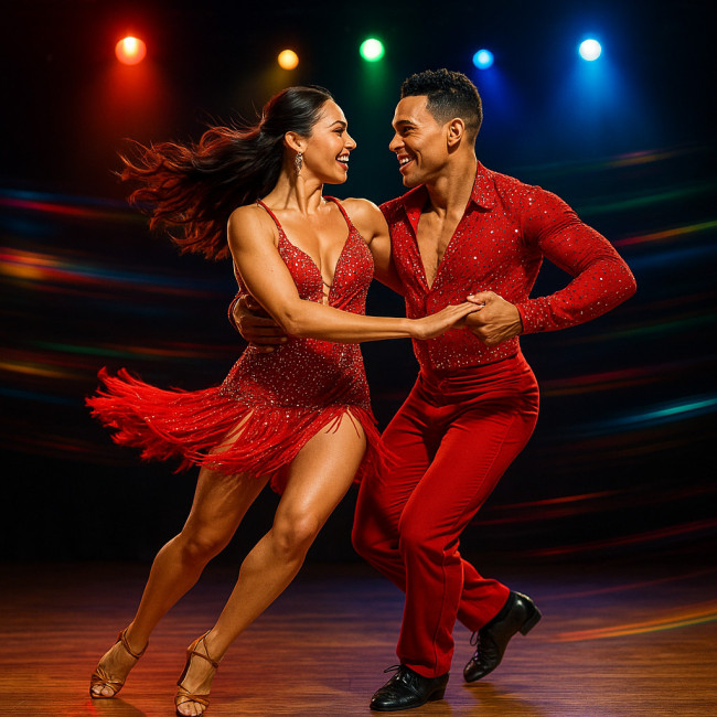 couple de danseurs salsa en costume éclatant