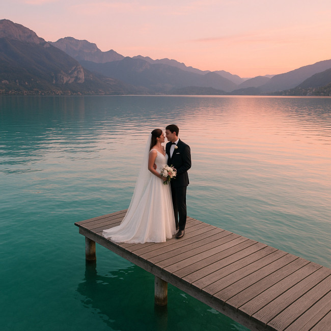 Couple de mariés sur un ponton du lac d'Annecy au coucher du soleil