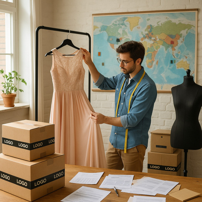 Couturier freelance préparant des colis internationaux