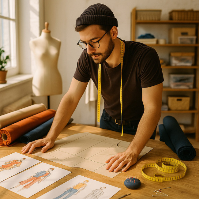 Couturier freelance consultant son patron dans un atelier lumineux