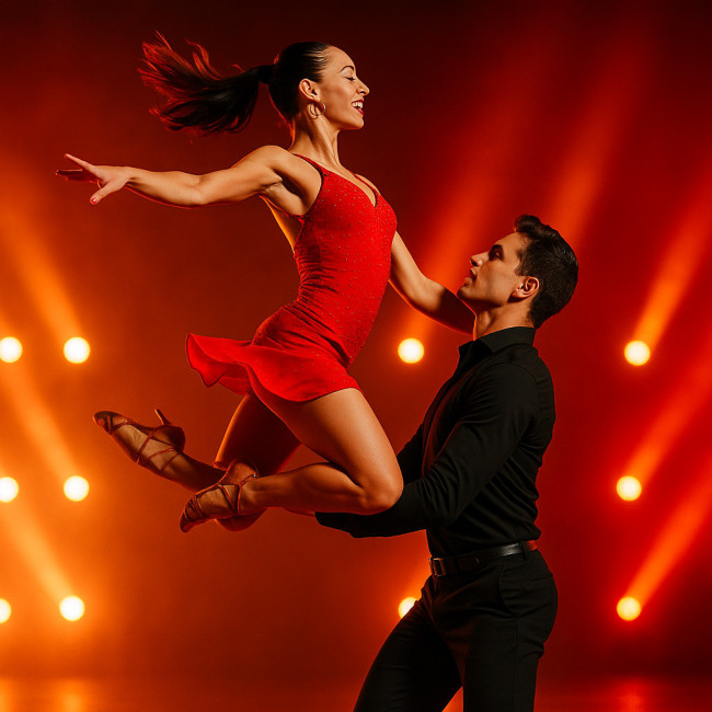 couple de danseurs salsa en rotation sous lumière chaude