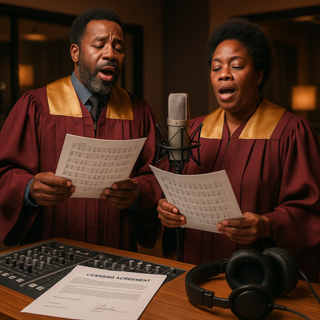 Chanteurs gospel signant une licence avant d'enregistrer