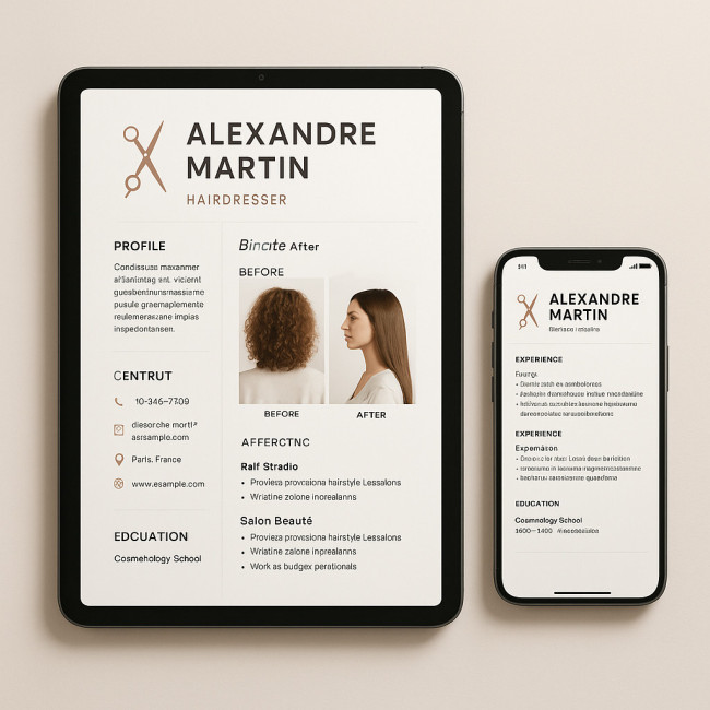 Mockup CV coiffeur 2025 sur tablette et smartphone